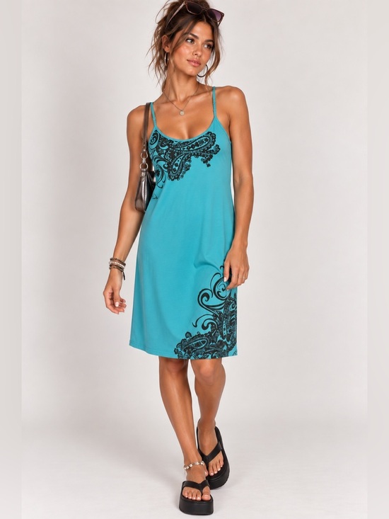 Athleta Dresses & Skirts - Athleta Y2K Vintage Style Teal Paisley Swim Cami Dress Built In Bra Boho Small